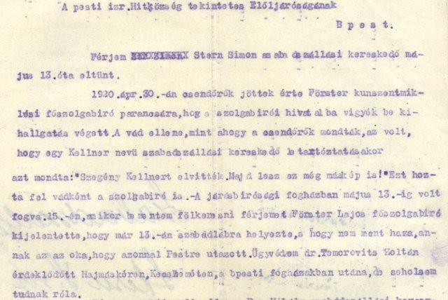 Részlet Stern Simonné leveléből a Pesti Izr. Hitközség elöljáróságának- 1920. június (Forrás: MZSL )
